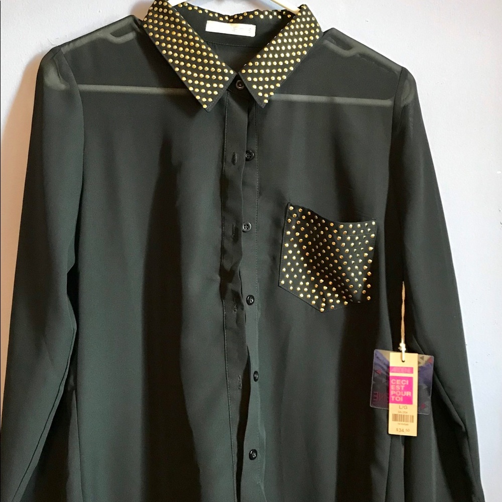 Sheer button down with gold accents